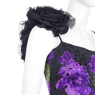 1970s Galanos Purple Floral Silk Evening Dress w Black Flower Thigh high slit