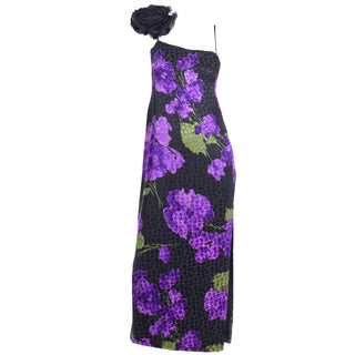 1970s Galanos Purple Floral Silk Evening Dress w Black Flower Rare Tonal Print