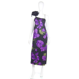1970s Galanos Purple Floral Silk Evening Dress w Black Flower Applique