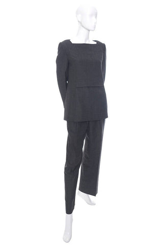Minimalist Galanos vintage gray wool two piece outfit with a tunic top and trouser pants