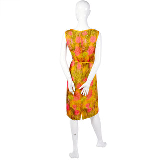 Sleeveless vintage silk dress with colorful green, gold and pink florals
