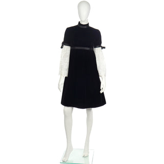 1960s Rare Geoffrey Beene Vintage Black Velvet Dress w Lace Poet Sleeves