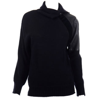 1980s Gianfranco Ferre Vintage Black Wool Sweater Top w Leather Trim Size 38