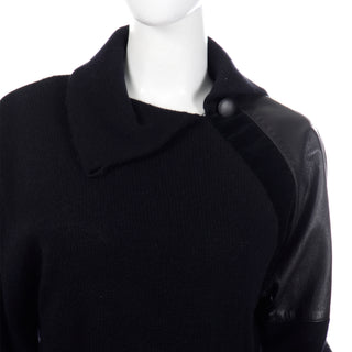 1980s Gianfranco Ferre Vintage Black Wool Sweater Top w Leather Trim S/M