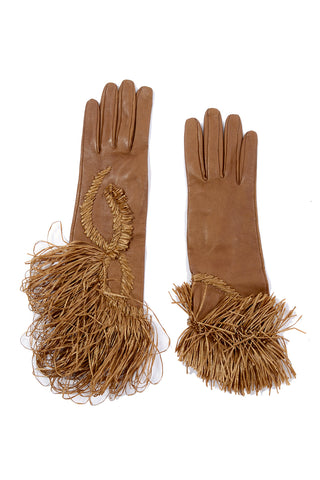 Gianfranco Ferre Vintage Leather Gloves w Raffia Embroidery