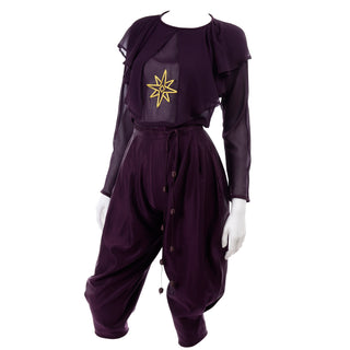1980s Gianni Versace Purple Silk Chiffon Embroidered Top & Jodhpurs Outfit