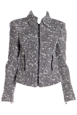 2000s Gianni Versace Couture Black & White Boucle Wool Zip Front Jacket