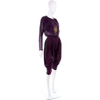 1980s Versace vintage purple silk and wool pants and top outfit