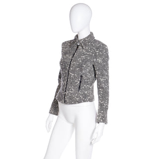 2000s Gianni Versace Couture Black & White Boucle Wool Zip Front Jacket with zip pokcets
