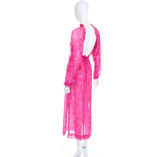 1970s Givenchy Pink Watercolor Silk Sheer Dress w Ruffles and Low Back 