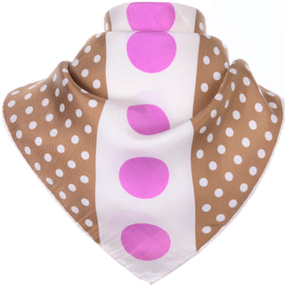 1980s Givenchy Brown and Pink Polka Dot Vintage Silk Scarf with hand rolled edges