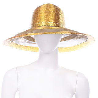 1980s Frank Olive Vintage Gold Straw and Mesh Wide Brim Hat