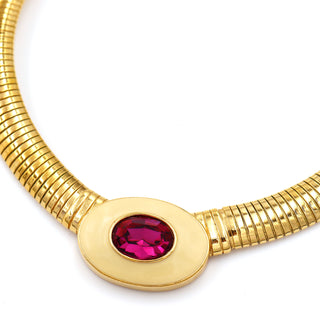 1980s Yves Saint Laurent Gold Tubogas Necklace w Enamel & Magenta Pink Crystal