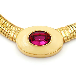1980s Yves Saint Laurent Gold Tubogas Necklace w Enamel & Pink faceted Crystal