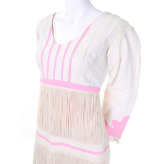 1960s Bohemian Linen Folk Dress w Peek a Boo Fringe & Pink Bodysuit Stocking