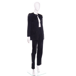 1970s Gucci black suede longline jacket and pants with leather tassel details size 8
