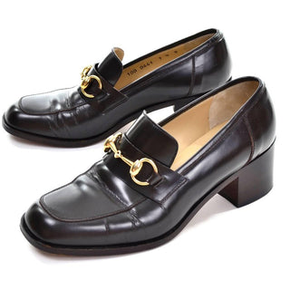 Brown heel loafers by Gucci - size 7.5 with gold horsebit hardwear and block heel