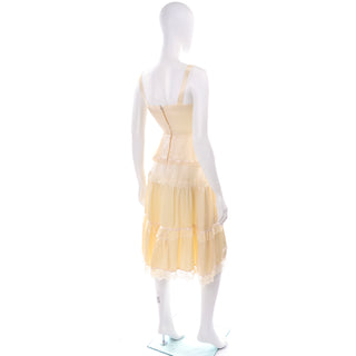 1970s Gunne Sax Cream Satin Dress w/ Corset Top & Lace Trim Tiers