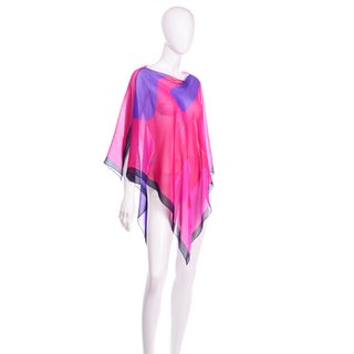 Hanae Mori Vintage Pink & Purple Silk Chiffon Poncho Style Top 70s
