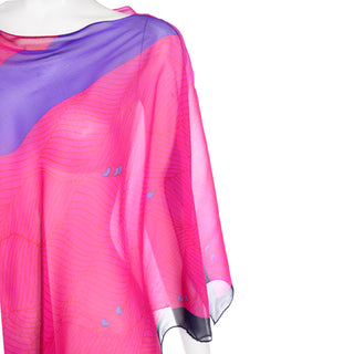 Abstract Print Hanae Mori Vintage Pink & Purple Silk Chiffon Poncho Style Top