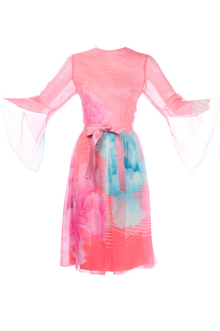 Hanae Mori 1970s Butterfly Sleeve Floral Dress