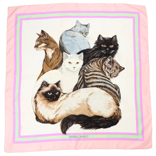 1985 Hermès Silk Cats Scarf Carré Les Chats By Daphne Duchesne Pink & Green