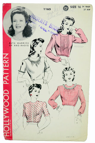 1943 Hollywood 1165 Vintage Blouses Sewing Pattern Ruth Warrick RKO