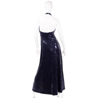 Vintage 1970s Blue Sequin Halter Evening Dress by Harold Levine
