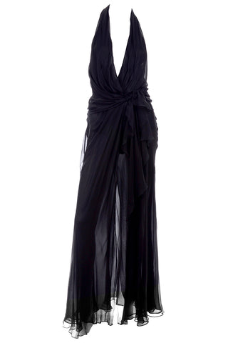 Low Cut 1990s Gianni Versace Sheer Black Silk Chiffon Halter Evening Dress