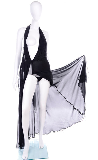1990s Gianni Versace Sheer High Slit Black Silk Chiffon Vintage Evening Dress
