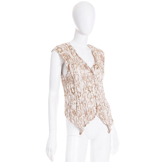 1990s Issey Miyake Brown White Crinkle Open Front Vest or Top made in Japan