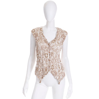 1990s Issey Miyake Brown White Crinkle Open Front Vest or Top Abstract print
