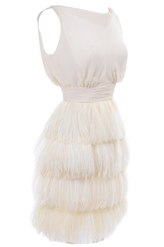 Vintage 1960's Ivory White Silk and Ostrich Feather Evening Dress