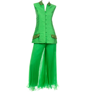 Beaded Jack Bryan Jacket and green palazzo pants evening outfit