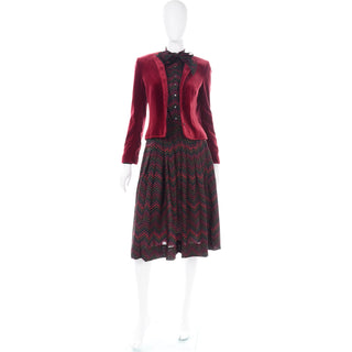 Jaeger Vintage Autumn Winter 3 Piece Skirt Blouse & velvet Jacket Outfit 