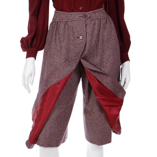 1970s Jean Patou Boutique 3pc Burgundy Culotte Vest & Silk Blouse Outfit