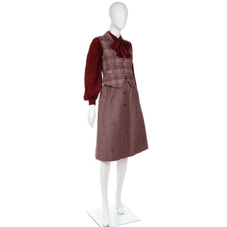 1970s Jean Patou Boutique 3pc Burgundy Plaid Culotte Vest & Silk Blouse Outfit