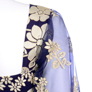 Jeannene Booher Vintage Navy Blue Evening Dress W Gold Burnout Velvet Flowers & Leaves