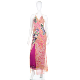 Jenny Packham vintage paisley silk evening gown with draped halter neckline