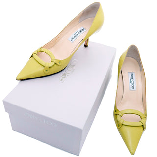 2000s Jimmy Choo Chartreuse Green Pointed Toe Open Buckle Shoes with box size 37