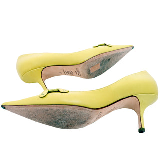 2000s Jimmy Choo Chartreuse Green Pointed Toe Open Buckle Shoes 37 with box