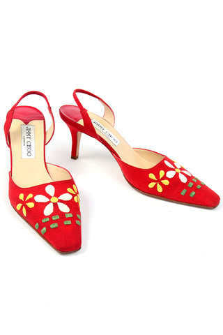 Jimmy Choo Shoes Vintage Red Linen Slingback Heels W Flowers