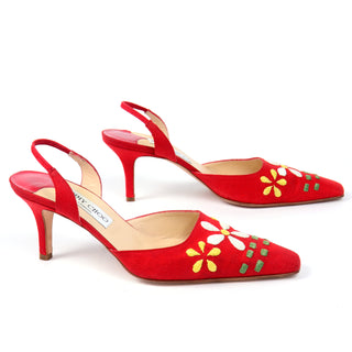 Jimmy Choo Shoes Vintage Red Linen Slingback Heels W daisy flowers