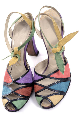 1940's Multi-Colored Peep Toe Shoes Rare Silk Ankle Strap Ties 7B - Dressing Vintage