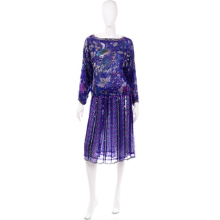 Vintage Judith Ann Creations Purple Beaded Sequin 2 pc Dress W Bird Motif Design