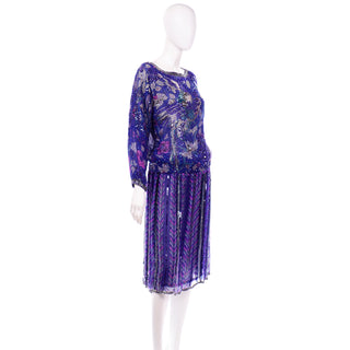 Vintage Judith Ann Creations Purple Beaded Sequin 2 piece Dress W Bird Design