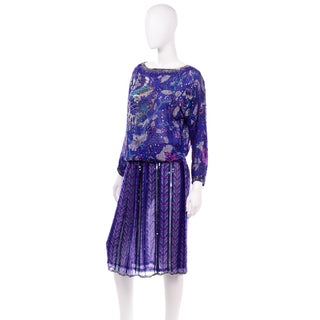 Vintage Judith Ann Creations Purple Beaded Evening Sequin 2 pc Dress W Bird Design