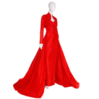 1980s Karl Lagerfeld Fendi Red Silk Satin Strapless Evening Dress w Bolero Rare Fendi Gown