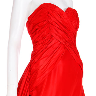 1980s Karl Lagerfeld Fendi Red Silk Satin Strapless Evening Dress w Bolero and train