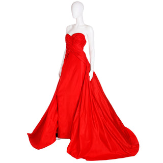 1980s Karl Lagerfeld Fendi Red Silk Satin Strapless Evening Dress w Bolero MET Gala Worthy Gown